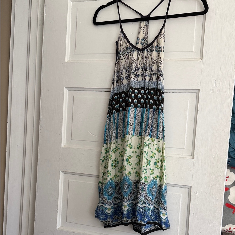 Boho Printed Strappy Summer Dress in Blue and Green